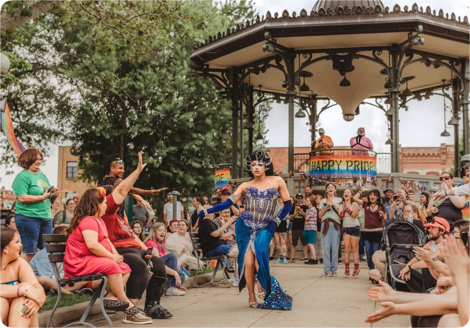 Crowd gathered around the gazebo during the 2026 Oskaloosa Pride celebration